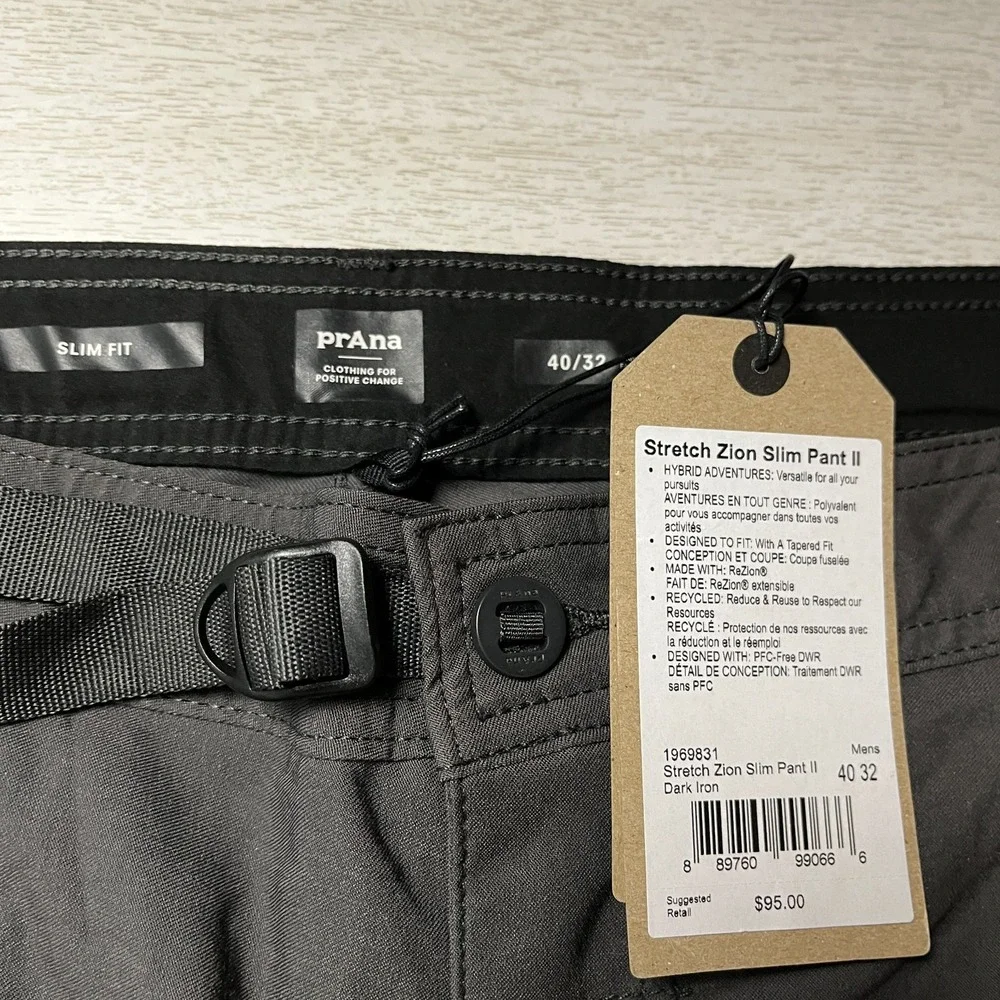 Prana Stretch Zion Slim Pant II Men 40x32 Dark Iron Grey Goprcore Stretch Belted
